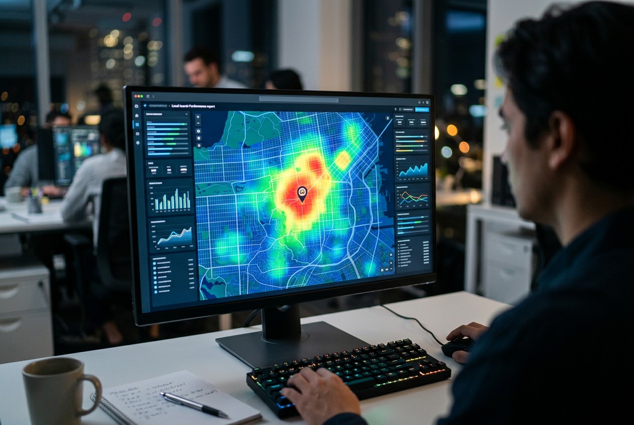 Raport geo-grid pokazujący mocne i słabe obszary widoczności firmy